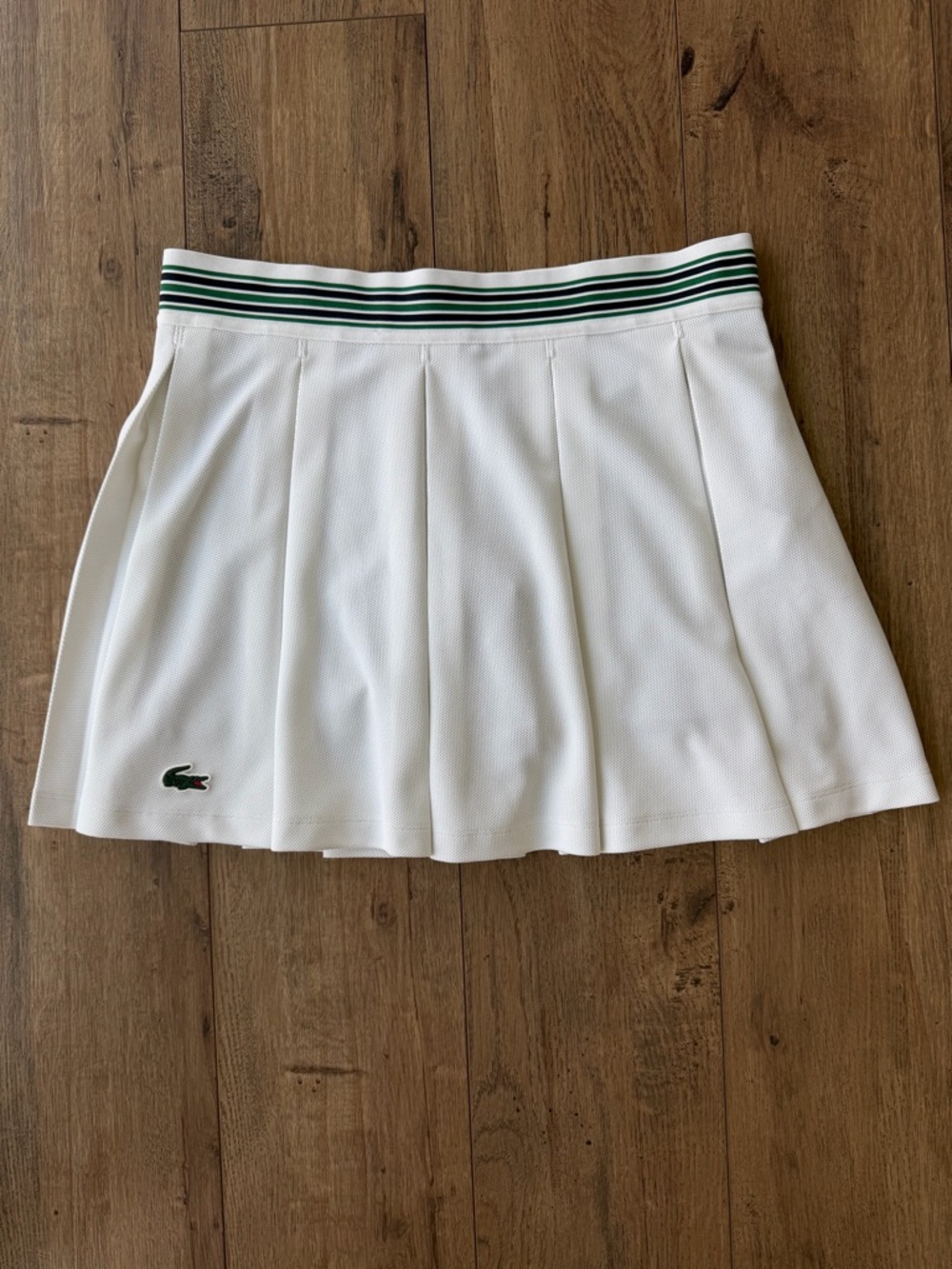Lacoste White Pleated Tennis Skirt with Green-Striped Waistband